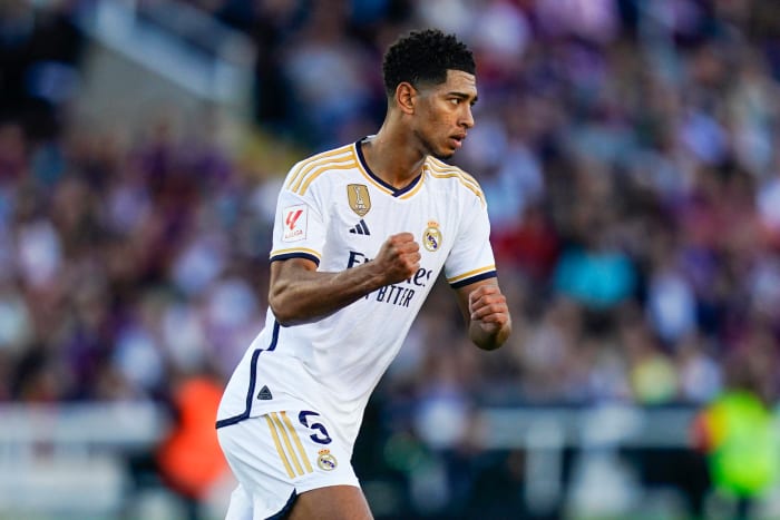 Jude Bellingham pictured celebrating after scoring for Real Madrid against Barcelona in his first ever Clasico in October 2023